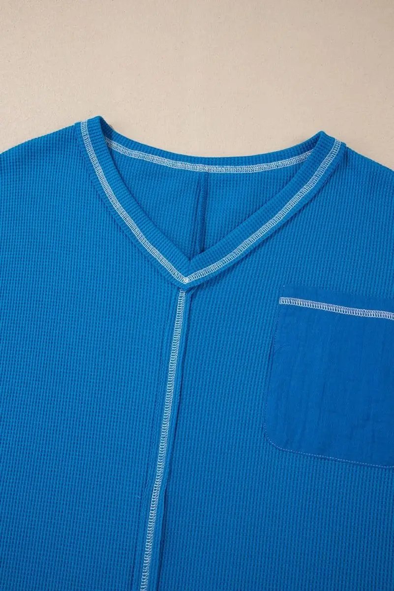 Sky Blue Lace Floral Patchwork Sleeve Stitching V Neck Rib Knit Blouse - Love Salve